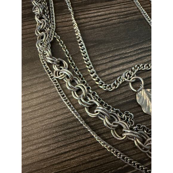 Silver-Tone Multi-Layer Chain Links & Textured Leaf Charms Statement Necklace - Picture 4 of 6